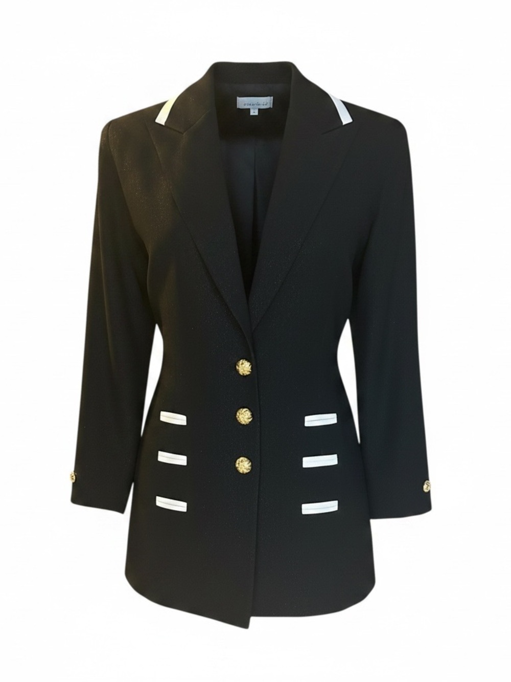 Structured Classic Black Blazer with White Trim and Gold Buttons - Small